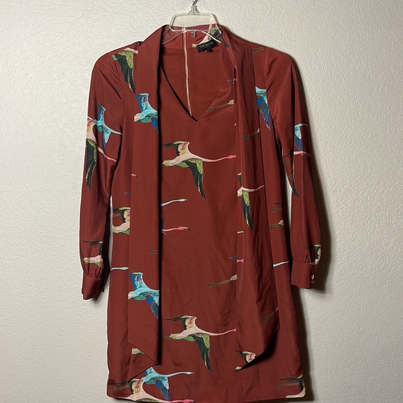 Ted Baker London Bow Necktie Tunic Dress Size 1 Rust Brown Flying Geese Pattern - Picture 11 of 13